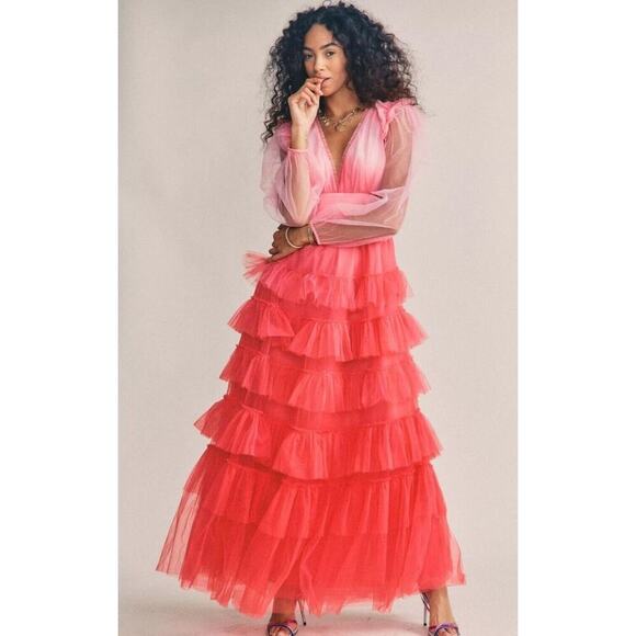 Love Shack Fancy Francoise Gown Millennial Pink Ombre Sz Ruffle